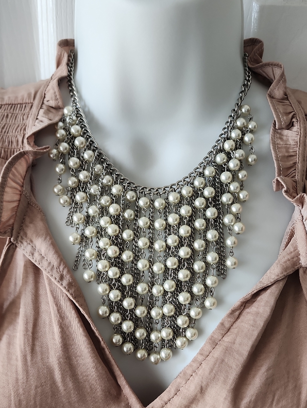Pearl Fringe Statement Necklace - Silver Tone